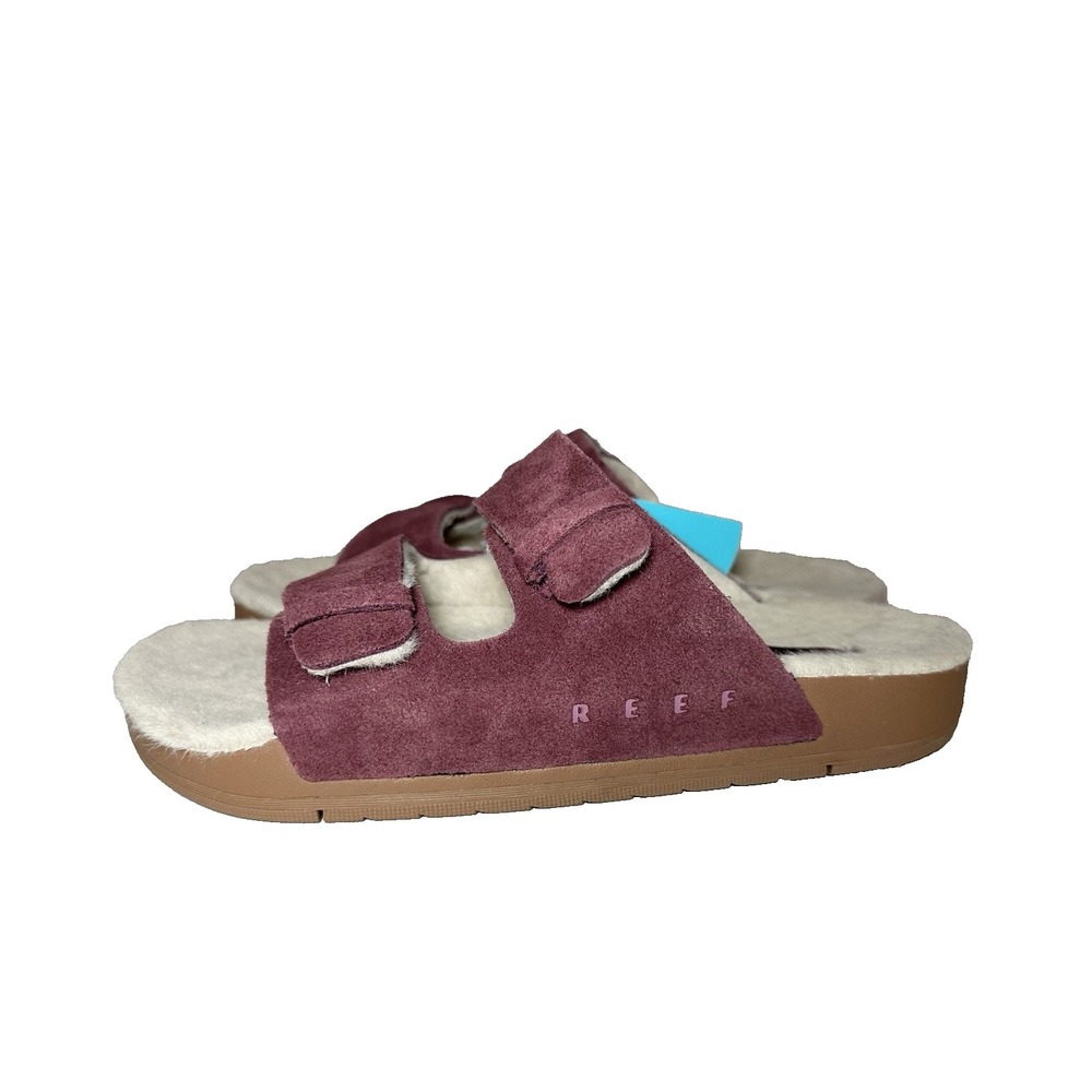 REEF NEW Women's 6 Ojai Two Bar Cozy Cordovan Slides Sandals‎ Leather Faux Fur